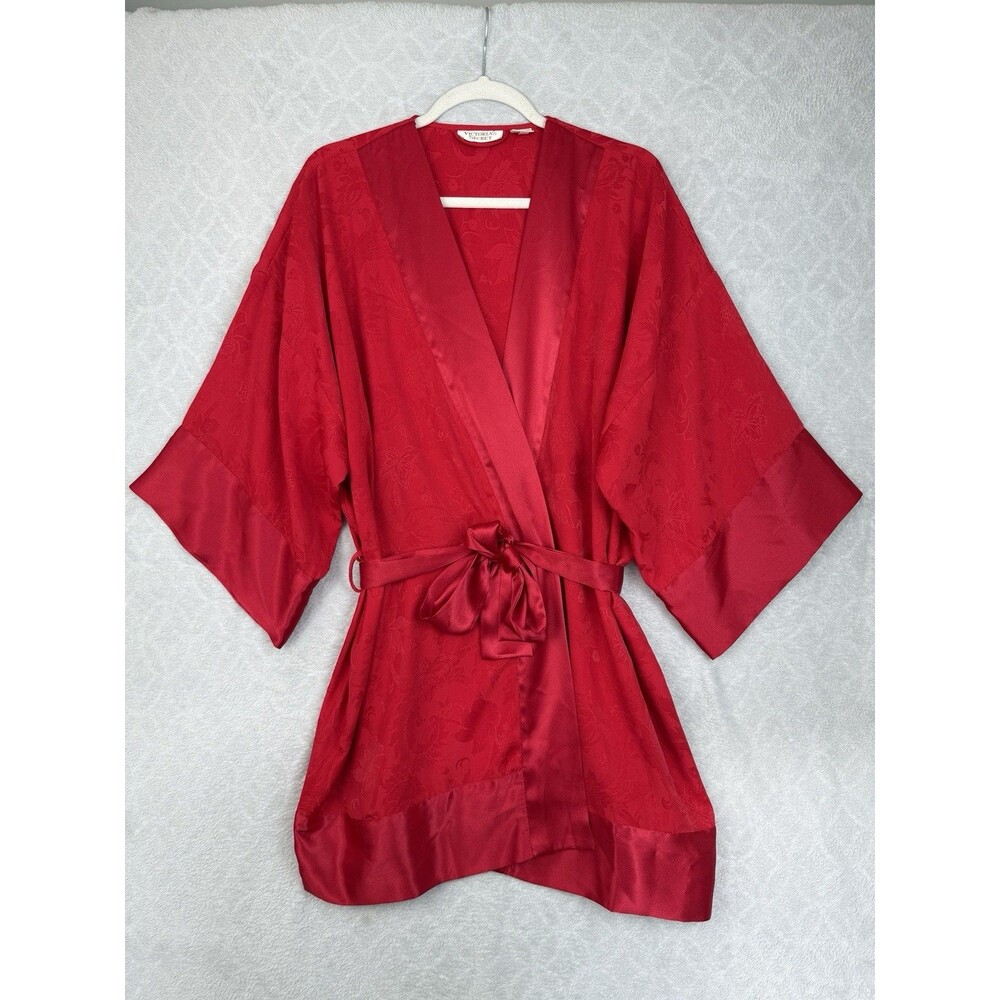 Vtg Victorias Secret Gold Label Robe Women OS Red Satin Jacquard Kimono Sexy 90s